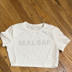 White 'REAL BAD' Rhinestone Crop Tee - Women's Top